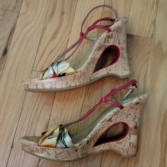 Qupid 8.5m Florsl Fabric Strappy Cork Wedge Heels - Picture 2 of 7
